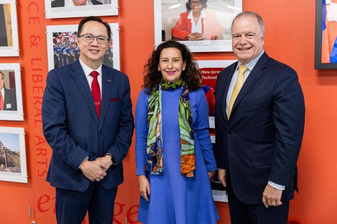 NJIT President Teik Lim, GLACO President and Head Consul of Mexico Mariana Diaz, and NJIT Foundation Board Chair Bob Medina discuss future collaborations to support Hispanic and Latine communities during GLACO’s visit to NJIT.