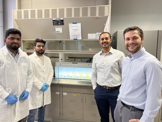 Left to right: Graduate students Afaq Ahmad and Bishnu Pandey, with Arjun Venkatesan (PI and technical lead) and Will Pennock (co-PI for the coagulation work). The new grant provides resources to conduct coagulation experiments.