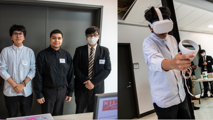 Left: Santiago Parhuana, Bryan Fontanez and Caleb Osorio. Right: Parhuana demonstrates VR equipment for simulating crime scenes.