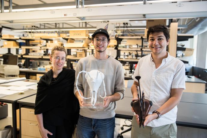 (From left) Martina Decker, Daniel Meza and Phillip Barden with 3D-print models of Linguamyrmex vladi.