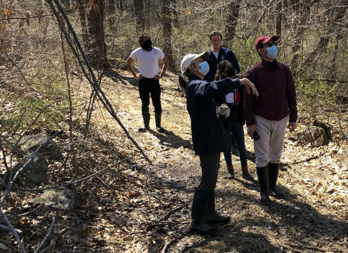 Professor Zeyuan Qiu, Harleen Oza, Daniil Ivanov and PEC Commissioner Harrison Watson visit the Province Line Woods with Patricia Shanley in March. Credit: Tammy Sands