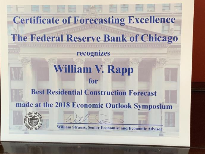 William Rapp's award certificate from the Federal Reserve Bank of Chicago
