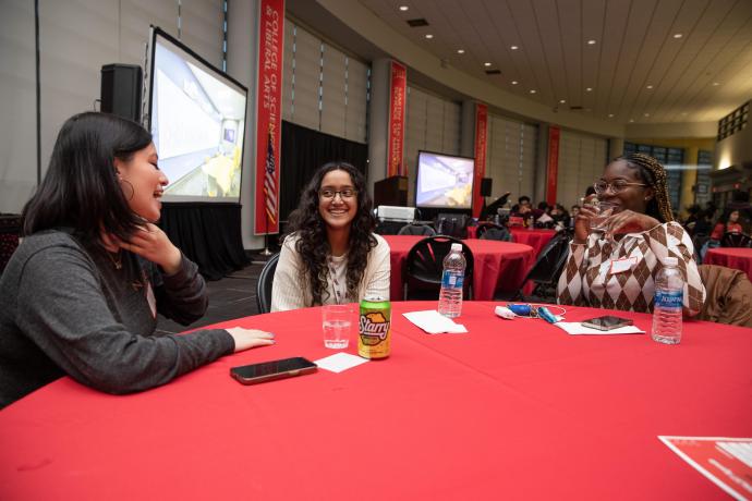 Islam (center) with NJIT mentors Camila Sierra-Gutierrez (left) and Destiny Adeleye (right). When not joking around, they discussed things like changing majors, working on campus and the general dorm experience.
