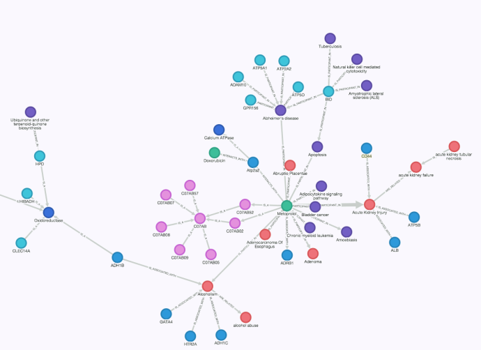  A knowledge graph visually maps data and represents relationships (edges) between entities (nodes). Credit: Benevolent AI