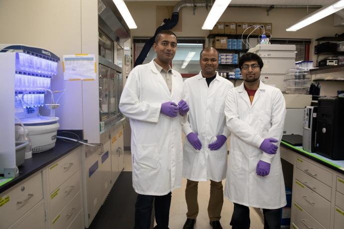 Researchers Vivek Kumar, Biplab Sarkar and Zain Siddiqui, a graduate student, in the Biomaterial Drug Development, Discovery and Delivery Laboratory.