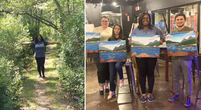 Ogo exploring Connetquot State Park (left) and showing off her painting prowess with Brookhaven colleagues Maria Zawadowicz, Tamanna Subba, and Ashish Singh at Muse Paint Bar in Port Jefferson (right). Credit: BNL