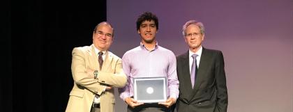(Left to right) NJIT Assistant Professor of Entrepreneurship Cesar Bandera, NJIT Honors College senior Dylan Renaud, and Kean College of Business and Public Management Dean Geofrey Mills 