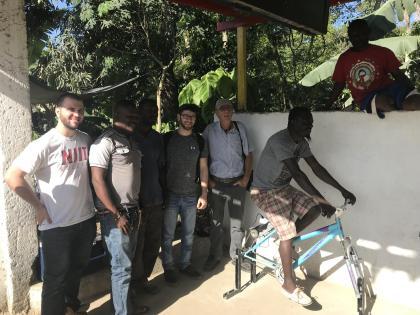 Engineering students Matt Reda and Rudolph Brazdovic, representing the New Jersey chapter of Engineers Without Borders, last year built and installed a cellphone charging station – a modified bicycle with a back wheel that turns a generator, producing 20 