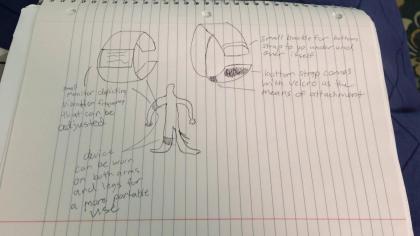 A rough drawing of the GoodVibe Medical device, designed by NJIT students Kaila Trawitzki and Mert Nacir. 