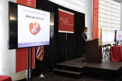 Wendy Nilsen, of the NSF Smart and Connected Health Program, delivers a keynote address at the Leir Research Institute conference.