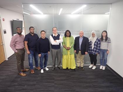 Associate Professor of Entrepreneurship Cesar Bandera (fourth from left) with Entrepreneurial Strategy students (from left) Gary White, Araviind Krishnaraj, Yujae Yi, Rita Tabe, James Colonias, Hana Sherza and Yiting Zhu