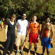 Researchers Rosanna Dent, José Rodolfo Mendonça de Lucena, James R. Welch and Caio Bibiani in Xavante territory in Central Brazil during the 30-day spiritual initiation ritual, darini, that takes place every 15 years. 