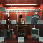 NJIT Distributed Technology Museum’s first 7-piece exhibit displayed in Fenster Hall (Top Shelf: York-Scheibel Column; Middle Shelf, Left: 1947 Bausch & Lomb optical microscope; Middle Shelf, Center: Brookefield Viscometer; Middle Shelf, Right: Weston Sta