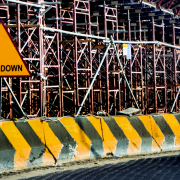 Construction site with a "slow down" sign