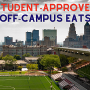 Newark skyline above NJIT campus with text that reads "student approved off-campus eats"